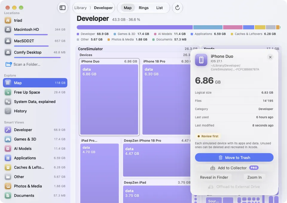 MoreRoom’s inspector for an iOS simulator: its size, file count, last use, a “Review first” badge and a Move to Trash button