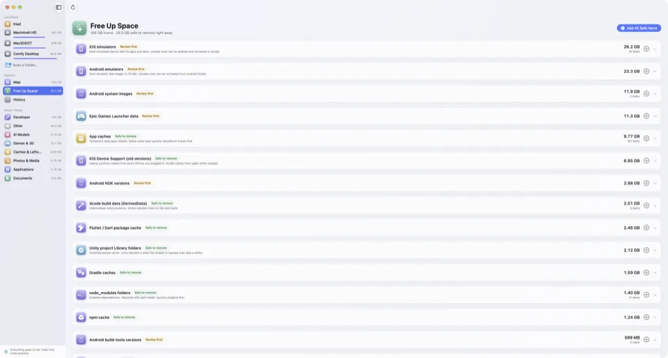 MoreRoom’s Free Up Space list: iOS simulators, Android emulators, app caches, Xcode build data and node_modules folders, each with its size and a safety badge